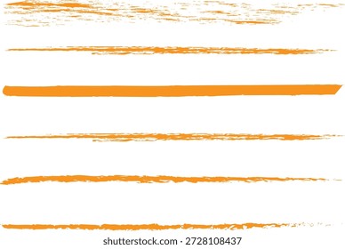 Traçados com pincel horizontal laranja no plano de fundo branco. Linhas pintadas à mão ásperas com bordas texturizadas e estilo artístico. Elementos divisores criativos para layouts, posters e design gráfico.