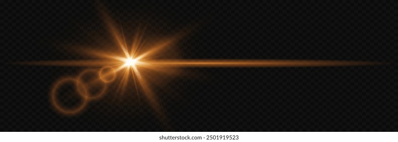 Orange horizontal laser beam. Special lens flare effect.  Isolated on a dark transparent background.