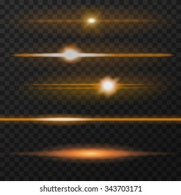 Orange horizontal lens flares pack. Horizontal light rays. Vector, eps10.