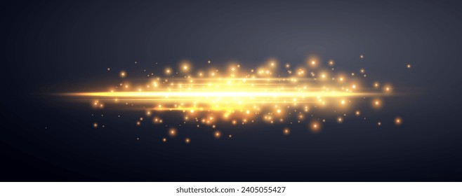 Orange horizontal lensflare. Light flash with rays or oeange glowing sparkles. Glow flare light effect. Vector illustration. Isolated on dark background.