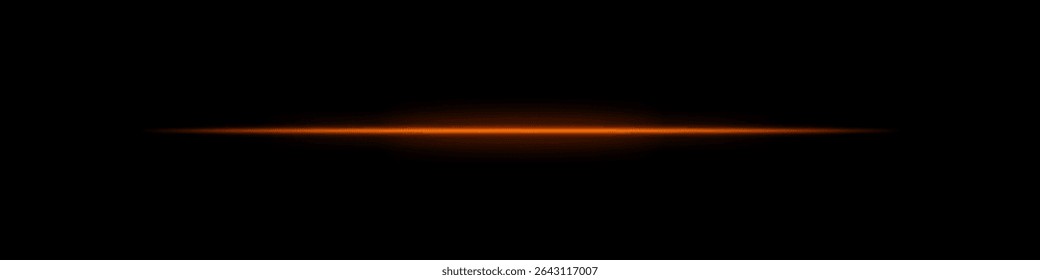 Orange horizontal light beam. Bright laser stripe with soft glow and fading edges on dark background. Perfect for sci-fi, transitions, futuristic flares, or abstract light effects.