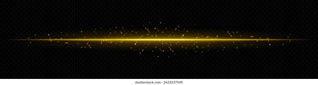 Orange horizontal light beam with scattered particles on dark transparent background. Ideal for magical effects, data transmission, or futuristic transitions.