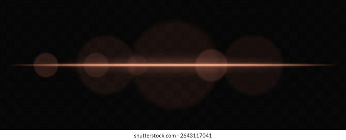 Feixe de luz horizontal laranja com círculos suaves no fundo transparente. Exacerbação de lentes cinematográficas limpas para ficção científica, transições tecnológicas ou sobreposições brilhantes de interface do usuário com brilho.