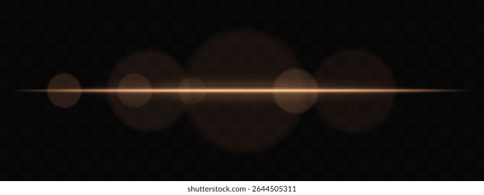 Orange horizontal light beam with soft glare circles on transparent background. Clean cinematic lens flare for sci-fi, tech transitions, or bright glowing UI overlays.