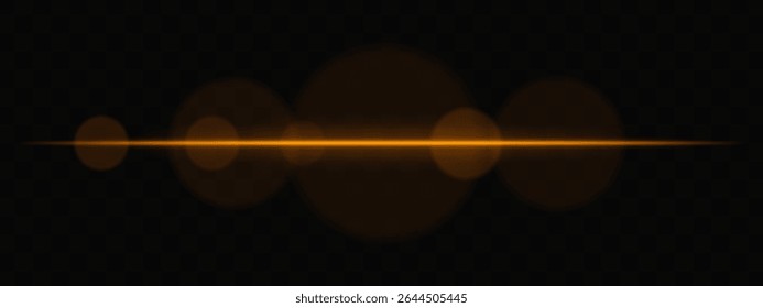 Orange horizontal light beam with soft glare circles on transparent background. Clean cinematic lens flare for sci-fi, tech transitions, or bright glowing UI overlays.