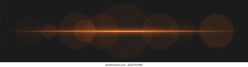Orange horizontal neon lens flare with glowing bokeh rings. Isolated laser beam effect perfect for digital HUD, warning lights, tech visuals, sci-fi interface.