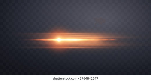 Orange horizontal reflection, lensflare. Light flash with rays or golden spotlight and particles. Yellow glow light effect. Vector illustration. Isolated on black background.