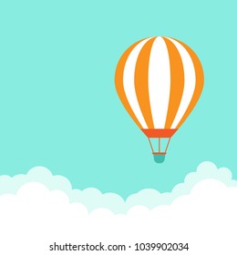 Orange hot air balloon flying in the turquoise sky with clouds. Flat cartoon design. Vector background. 