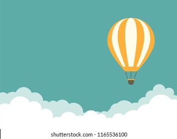 Orange hot air balloon flying in the turquoise sky with clouds. Flat cartoon horizontal background. Vector background. 