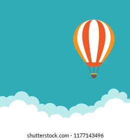 orange hot air balloon flying in the blue sky with clouds. Flat cartoon horizontal background. Vector background. 