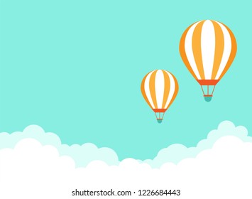 Orange hot air balloon flying in blue sky with clouds. Flat cartoon horizontal background. Vector background. 