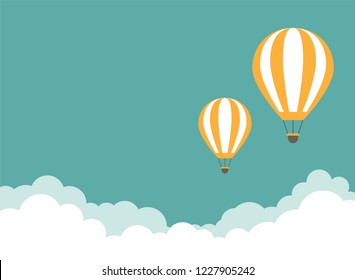 Orange hot air balloon flying in the turquoise sky with clouds. Flat cartoon horizontal background. Vector background.