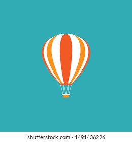 Orange hot air balloon flying in the blue sky. Flat cartoon design. Vector background.  Fantasy, creative, innovation, education symbol.