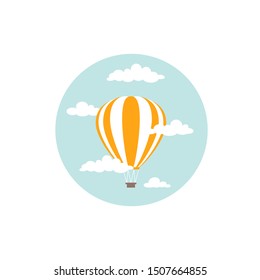 Orange hot air balloon flying in the blue sky with clouds. Flat cartoon design. Vector background. 