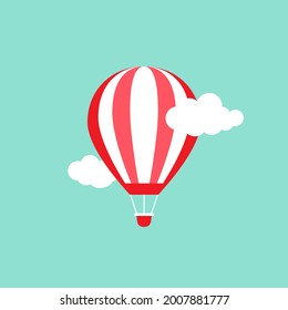 Orange hot air balloon flying in the powder blue sky with clouds. Flat cartoon design. Vector background.  Fantasy and freedom symbol.