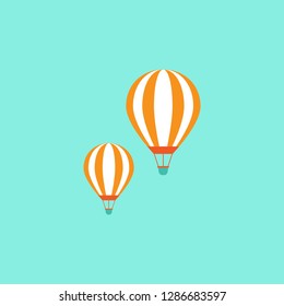 Orange hot air balloons flying in the blue sky. Flat cartoon design. Vector background.  Fantasy, creative, innovation, education symbol.