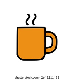 Orange Hot Coffee Mug with Steam in Minimalist Hand-Drawn Cartoon Style on White Background