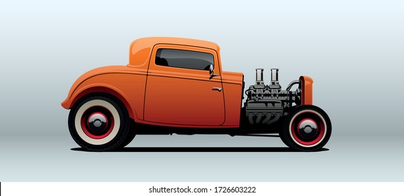 Orange hot rod, view from side. Vector illustration.