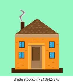 orange house with columns door windows on a light green background