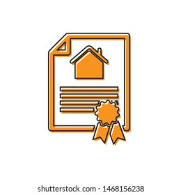 Orange House contract icon isolated on white background. Contract creation service, document formation, application form composition.  Vector Illustration