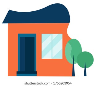 Vista frontal de la casa naranja. Fachada de la casa con árboles. Arte Vector Sencillo. Casa Tradicional. Ilustración de vector plano