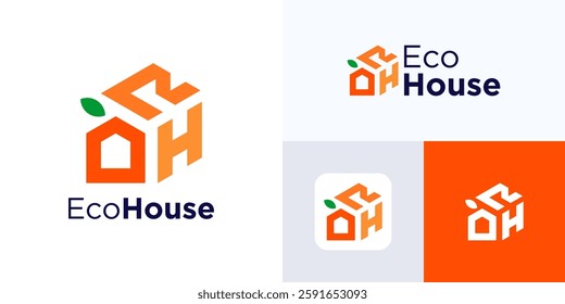 Orange house logo, Simple monogram home logo integrated with icon leaves, Home logo for green environment, Letter HR or RH logo integrated with icon house and leaf icon natural