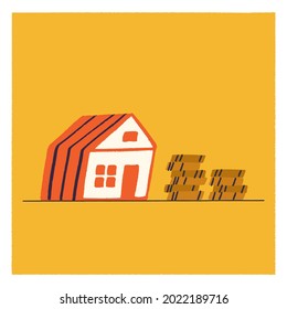 Orange house with a stack of coins in flat style vector illustration. The rise in housing prices, the value of real estate. Increasing prices in the market. Rental and sale of habitation