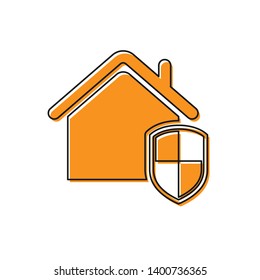 Orange House under protection icon isolated on white background. Home and shield. Protection, safety, security, protect, defense concept. Vector Illustration