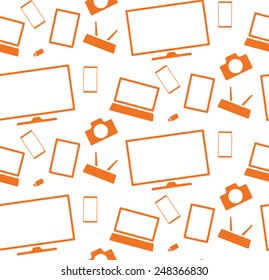 orange household appliances and electronics tablet tv smartphone camera flash card router seamless pattern vector illustration