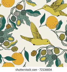 orange, hummingbirds and litchi tree. seamless pattern