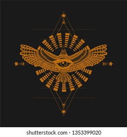 Orange hypnotic mandala with all seeing eye and wings. to be use for print t shirt and tatoo art, coloring book pages