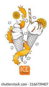 Orange ice cream balls in the waffle cones. Soft serve ice cream with orange topping. Sweet summer delicacy. Vector illustration