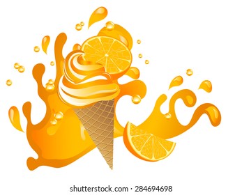 Orange ice cream in cone with fresh fruit