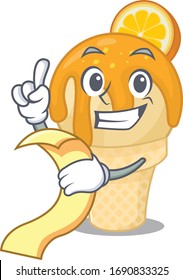 Orange ice cream mascot character design with a menu on his hand