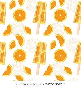 Helado de naranja en un palo y rebanadas de naranja. Patrón sin fisuras en estilo plano vectorial. Fondo brillante, jugoso del verano.