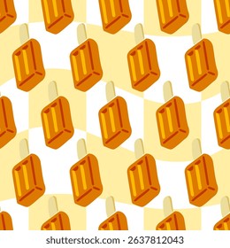 Orange Ice Cream Seamless Pattern. Seamless pattern with orange ice cream bars on a wavy yellow and white background. Flat summer illustration in warm colors.