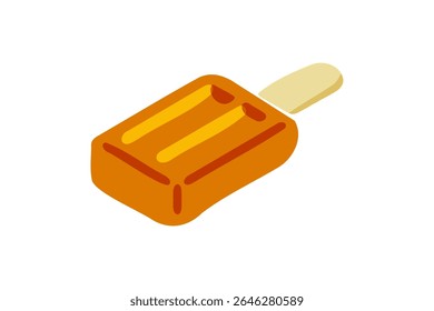 Orange Ice Cream Stick Illustration. Minimal flat orange ice cream dessert on stick, stylized in geometric isometric view. Bright warm palette, isolated on white background.