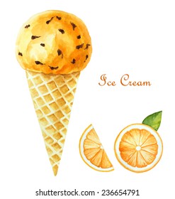 Orange ice cream in a waffle cone and orange wedges. Watercolor illustration, vector.