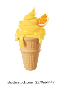 Orange ice cream Waffle crispy cone with yellow dripping melted ice cream Citrus dessert with whipped cream. 3d realistic vector illustration