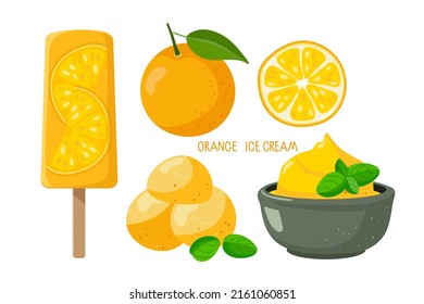Orange ice desserts. Orange fruit, Ice Cream on stick, ice cream balls, bowl with dessert. Sweet delicious frozen summer dessert. Flat vector Illustration for design, poster, banner, menu, recipe.