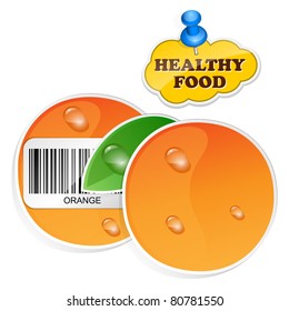Orange icon with barcode and healthy food sticker. Vector illustration