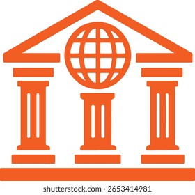 Icono naranja de un edificio clásico con columnas y un globo terráqueo en el centro.