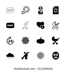 Orange icon. collection of 16 orange filled and outline icons such as sunflower, 24 hours, baby stroller, soap, female, sun, pumpkin. editable orange icons for web and mobile.