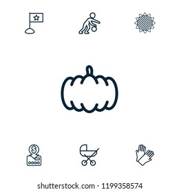 Orange icon. collection of 7 orange outline icons such as pumpkin, baby stroller, gloves, put money on card, basketball player, flag. editable orange icons for web and mobile.