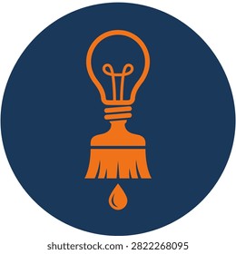 Orange icon combining a light bulb with a paintbrush and a droplet on a dark blue circular background.