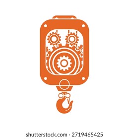 Icono naranja con una grúa elevadora con un intrincado diseño de mecanismo de engranajes