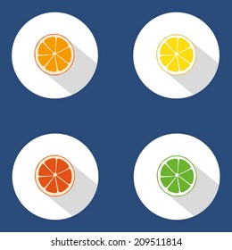 Orangefarbenes Symbol. Flaches Design, moderne Vektorgrafik. Einzeln auf stylischem Hintergrund. Flaches, langes Schattensymbol. Elemente in flachem Design.