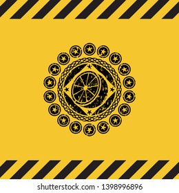 orange icon grunge black emblem with yellow background, warning sign. Vector Illustration. Detailed.