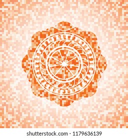 orange icon inside abstract emblem, orange mosaic background