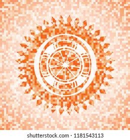 orange icon inside abstract emblem, orange mosaic background